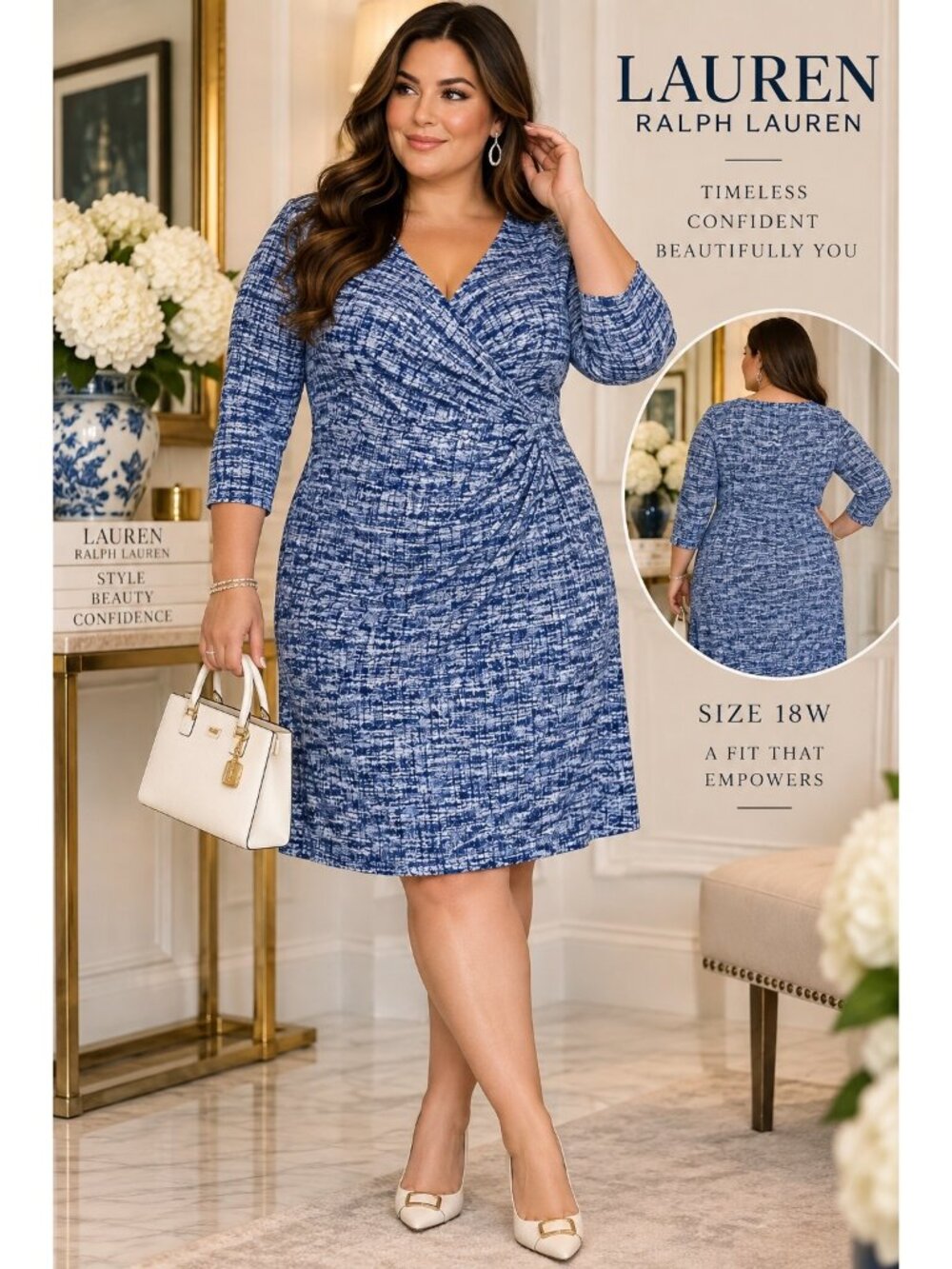 Lauren Ralph Lauren Dress 18W Blue Print Ruched Faux Wrap Plus Size NWT $119